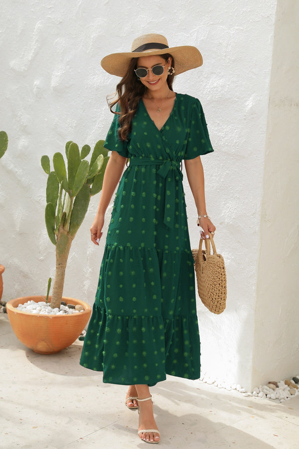 Swiss Dot Tied Surplice Short Sleeve Dress-Teresa's Fashionista LLC