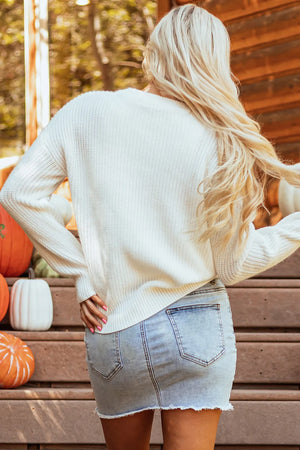 Pumpkin Embroidery Long Sleeve Sweater - Teresa's Fashionista LLC