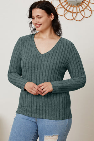 Basic Bae Full Size Ribbed V-Neck Long Sleeve T-Shirt-Teresa's Fashionista LLC