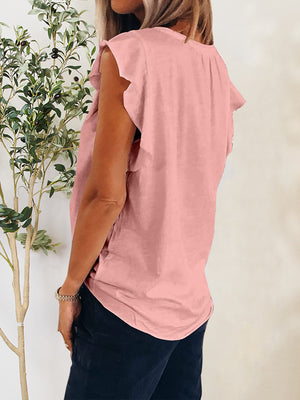 Ruffled Notched Cap Sleeve T-Shirt-Teresa's Fashionista LLC