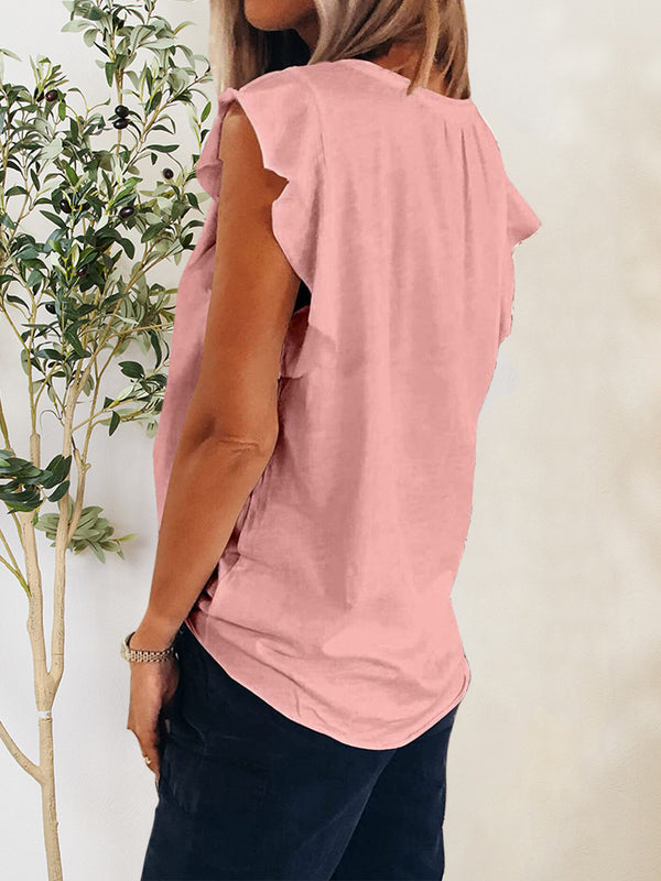 Ruffled Notched Cap Sleeve T-Shirt-Teresa's Fashionista LLC