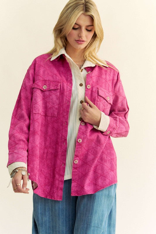 Davi & Dani Curved Hem Diamond Quilted Button Up Denim Shacket - Teresa's Fashionista LLC