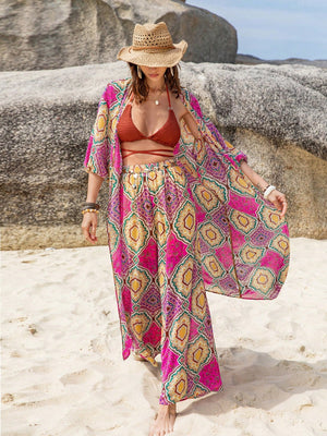 Printed Open Front Cardigan and Pants Set-Teresa's Fashionista LLC