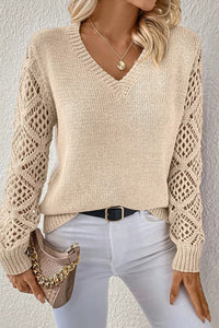V-Neck Crochet Sleeve Sweater