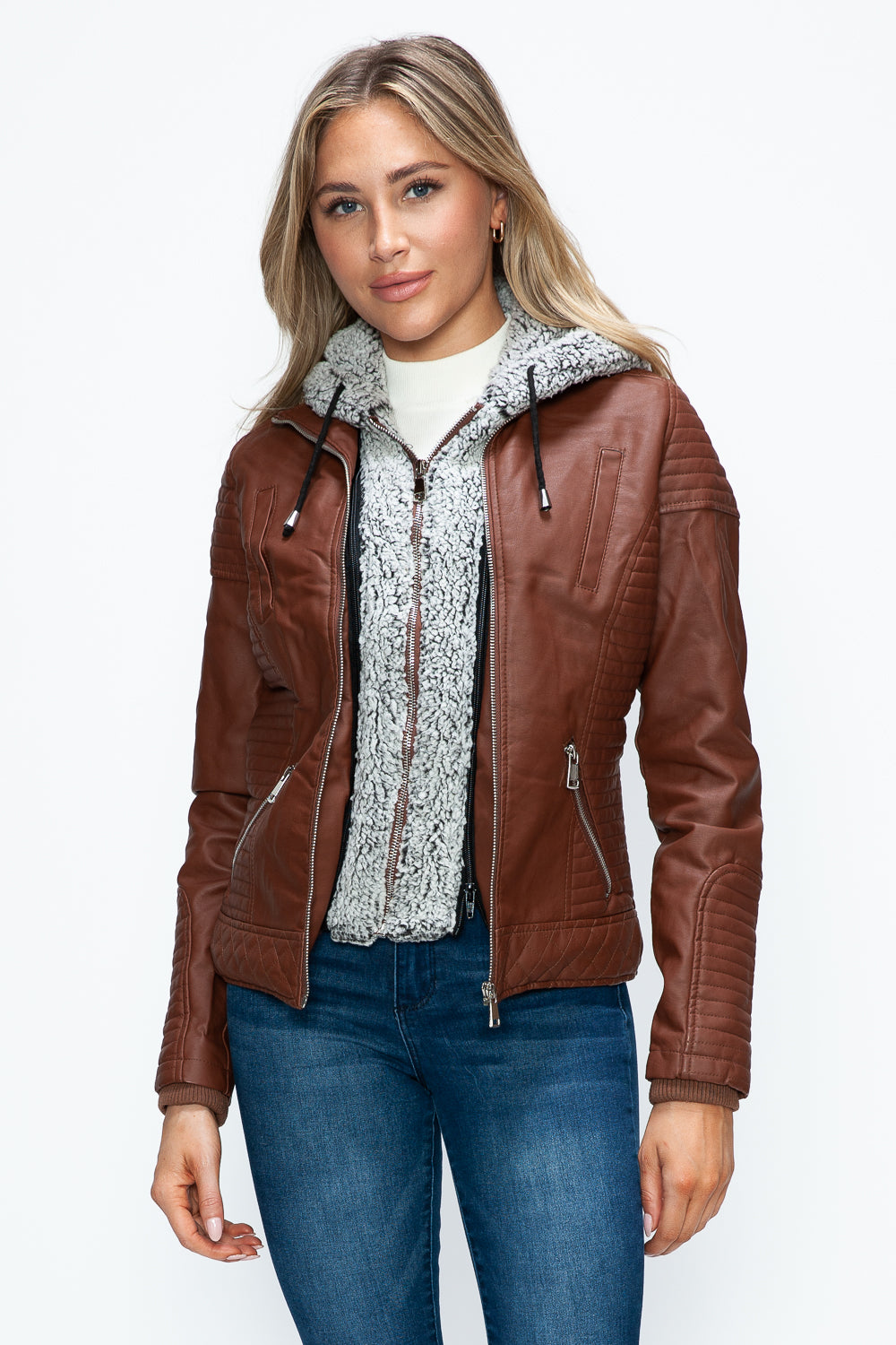 YMI Faux Layered Double-Zipper Jacket with Fuzzy Hood - Teresa's Fashionista LLC