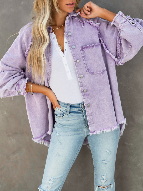 Button Down Raw Hem Denim Jacket-Teresa's Fashionista LLC