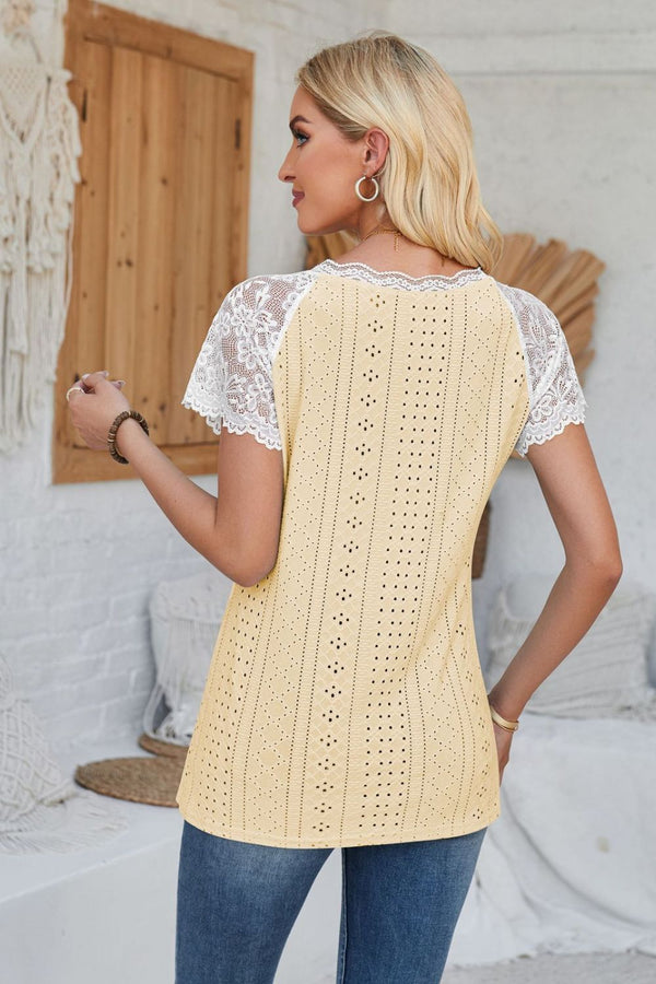 Eyelet V-Neck Lace Short Sleeve T-Shirt-Teresa's Fashionista LLC