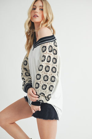 Aemi+Co Crochet Contrast Stitching V Neck Top - Teresa's Fashionista LLC