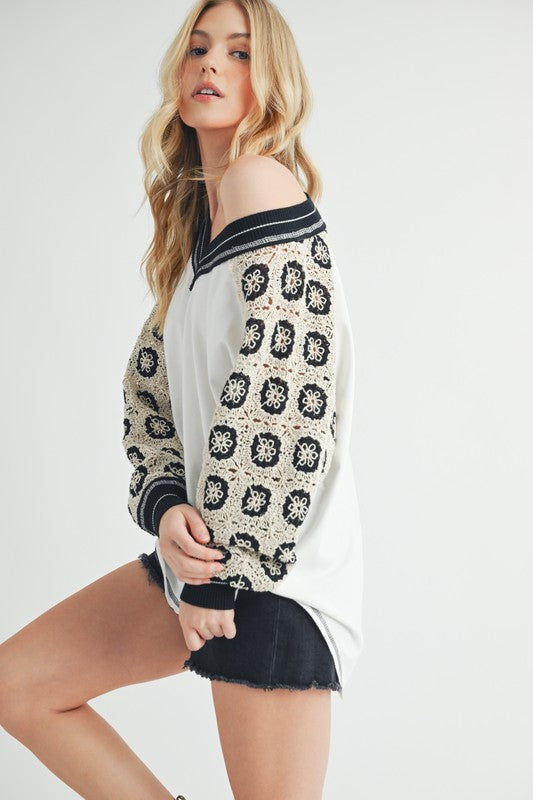 Aemi+Co Crochet Contrast Stitching V Neck Top - Teresa's Fashionista LLC