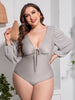 Plus Size Tied Deep V Balloon Sleeve One-Piece Swimsuit-Teresa's Fashionista LLC