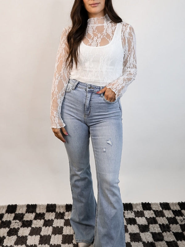 Lace Mock Neck Long Sleeve Top - Teresa's Fashionista LLC