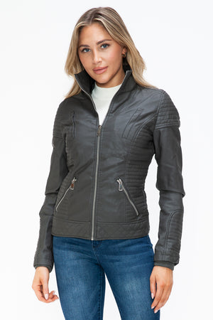 YMI Faux Layered Double-Zipper Jacket with Fuzzy Hood - Teresa's Fashionista LLC