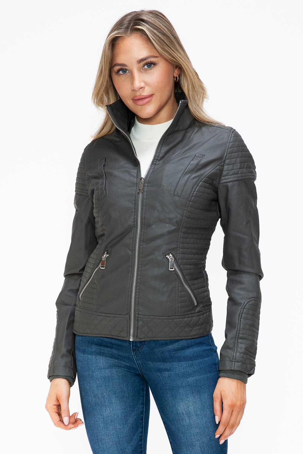 YMI Faux Layered Double-Zipper Jacket with Fuzzy Hood - Teresa's Fashionista LLC