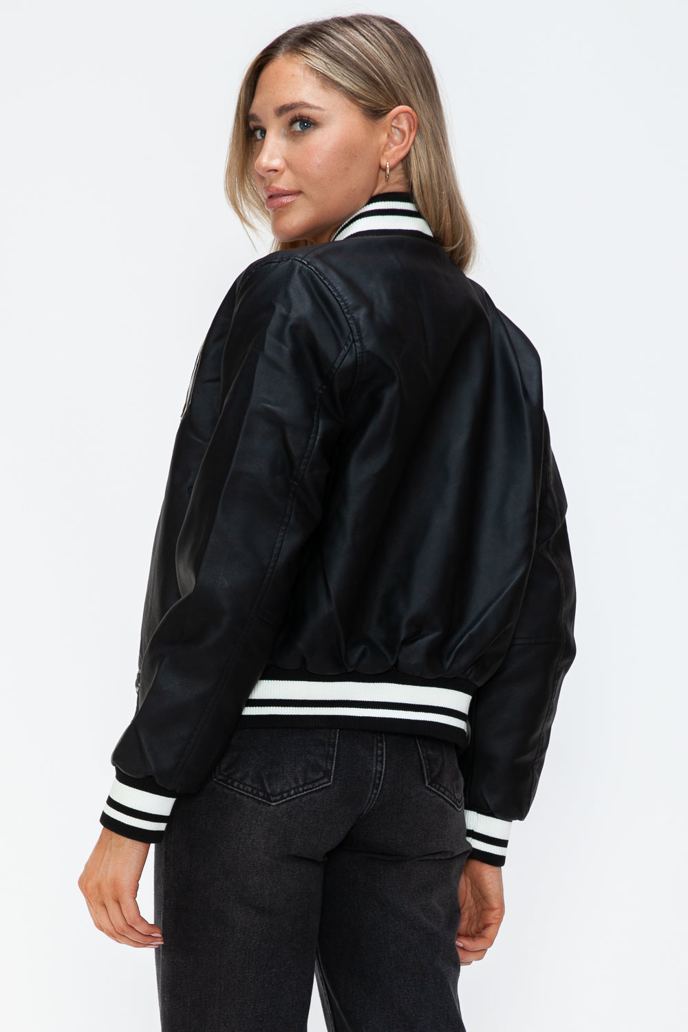 Love Me Now PU Leather Contrast Snap Down Bomber Jacket - Teresa's Fashionista LLC