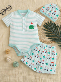 Children's Striped Short Sleeve Bodysuit and Shorts Set with Hat