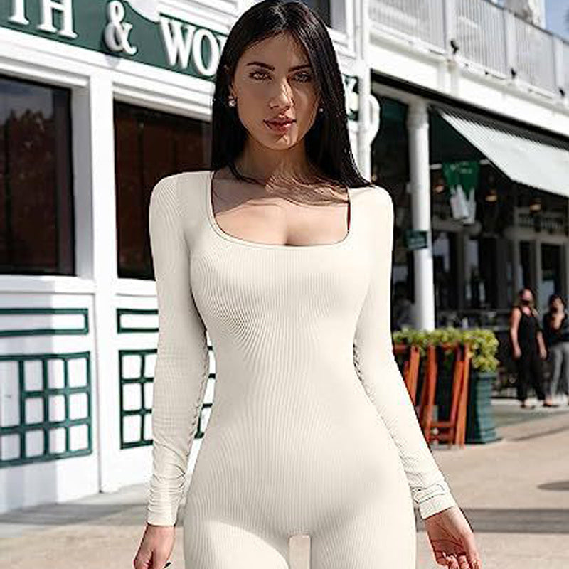 Women's Yoga Sports Fitness Jumpsuit Workout Long Sleeve Square Collar Clothing - Teresa's Fashionista LLC