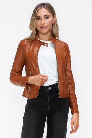 Snobbish Faux Leather Zip Up Drawstring Hooded Jacket - Teresa's Fashionista LLC