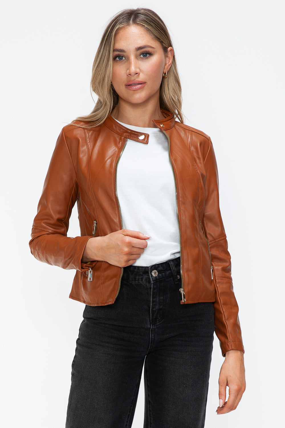 Snobbish Faux Leather Zip Up Drawstring Hooded Jacket - Teresa's Fashionista LLC