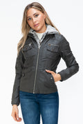 YMI Removable Faux Layered Multi-Pocket Jacket with Fuzzy Hood - Teresa's Fashionista LLC