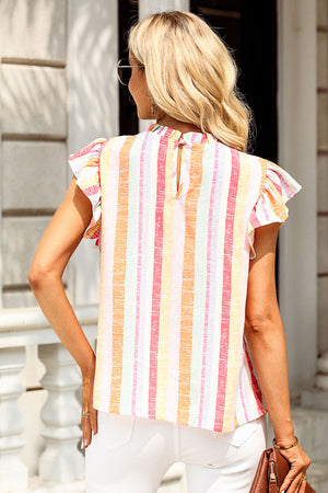 Ruffled Striped Round Neck Cap Sleeve Blouse-Teresa's Fashionista LLC