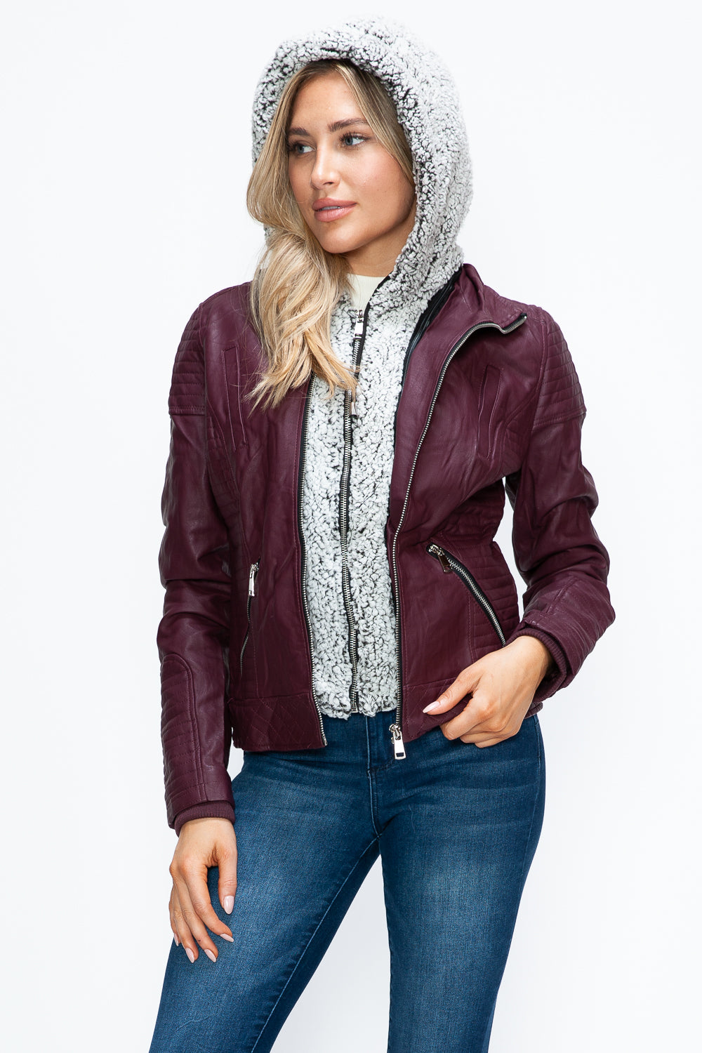 YMI Faux Layered Double-Zipper Jacket with Fuzzy Hood - Teresa's Fashionista LLC