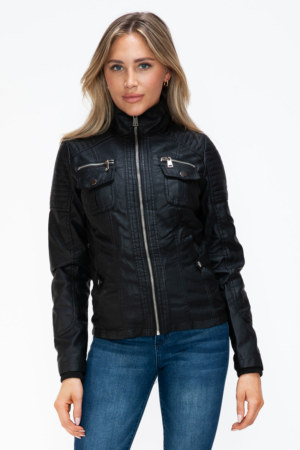 YMI Removable Faux Layered Multi-Pocket Jacket with Fuzzy Hood - Teresa's Fashionista LLC