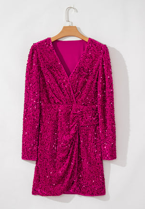 Sequin Surplice Long Sleeve Mini Dress - Teresa's Fashionista LLC