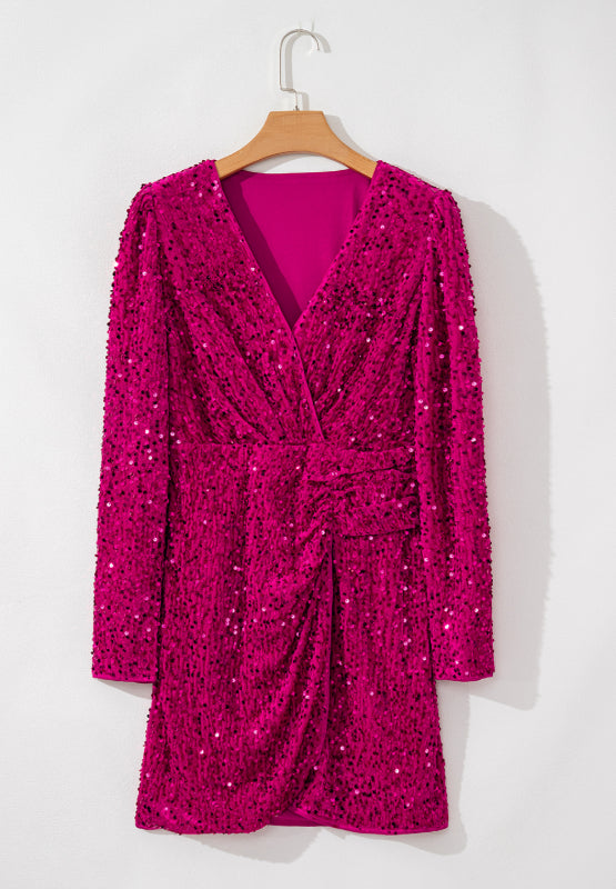 Sequin Surplice Long Sleeve Mini Dress - Teresa's Fashionista LLC