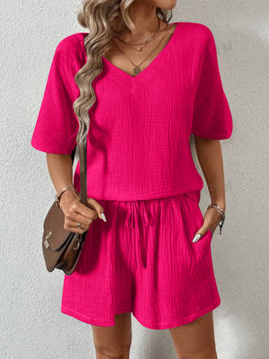 V-Neck Half Sleeve Top and Shorts Set-Teresa's Fashionista LLC