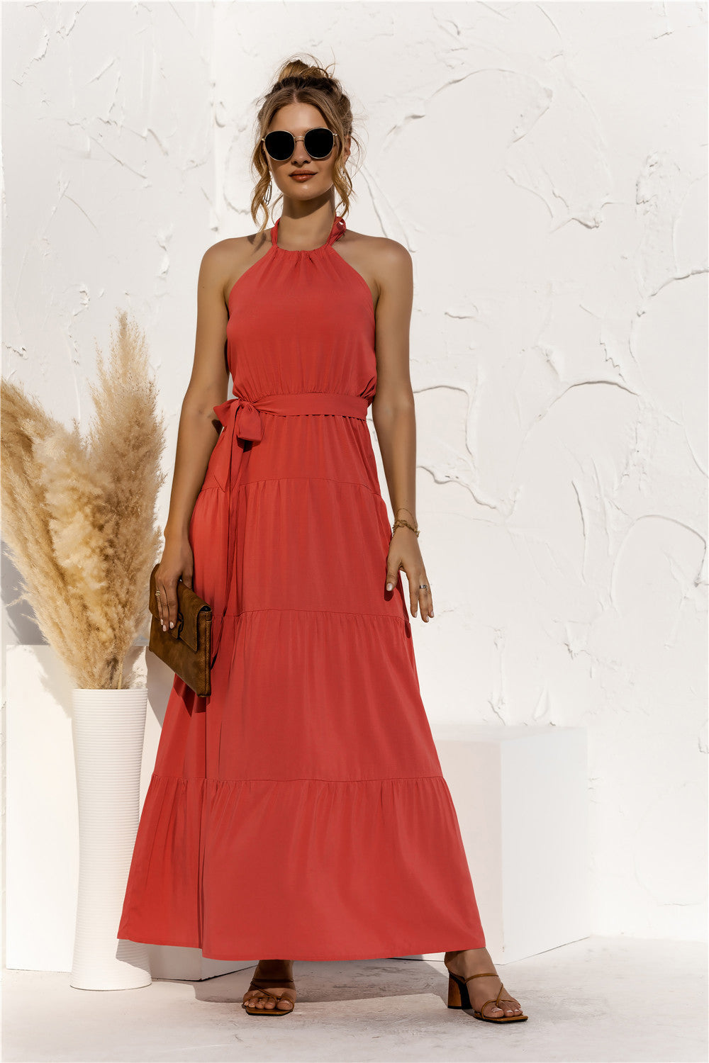 Halter Neck Tie Waist Tiered Maxi Dress-Teresa's Fashionista LLC