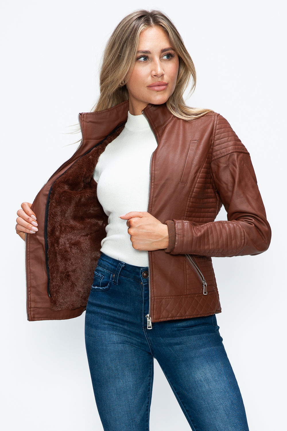 YMI Faux Layered Double-Zipper Jacket with Fuzzy Hood - Teresa's Fashionista LLC