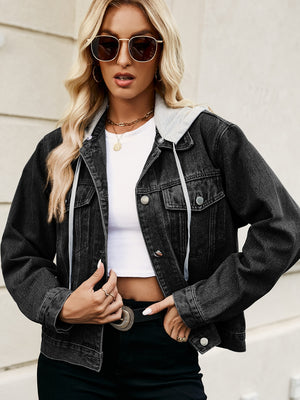Drawstring Hooded Button Up Denim Jacket-Teresa's Fashionista LLC