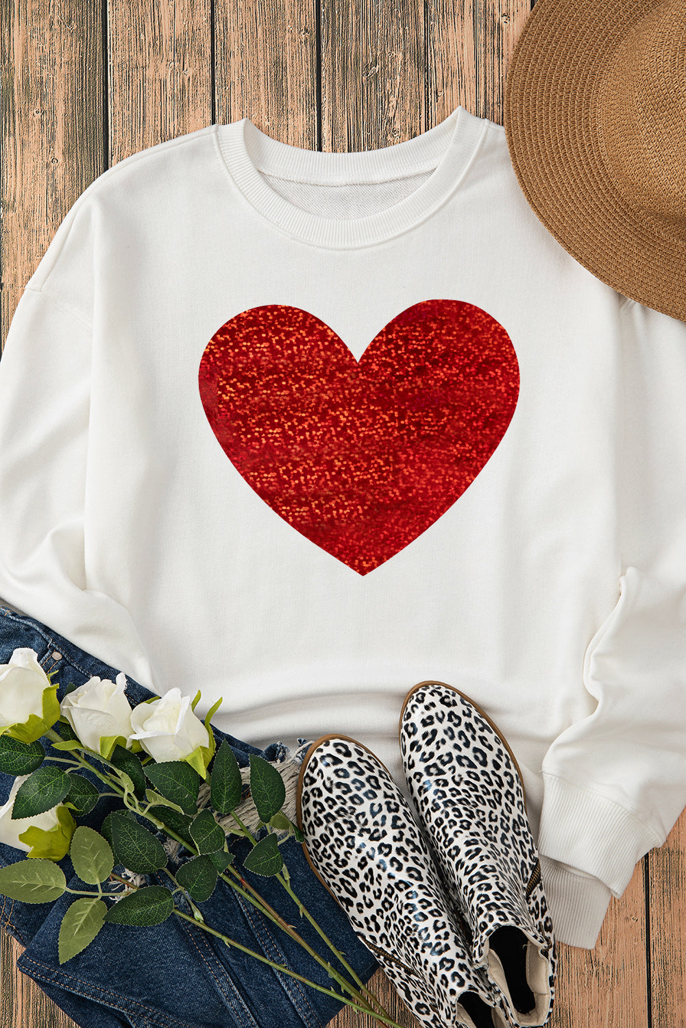 Valentine’s Day Heart Round Neck Long Sleeve Sweatshirt - Teresa's Fashionista LLC