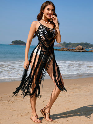 Fringe Openwork Spaghetti Strap Cover-Up-Teresa's Fashionista LLC