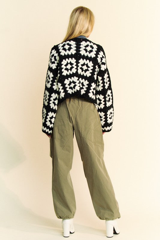 Davi & Dani Full Size Two Tone Flower Square Crochet Open Front Cardigan - Teresa's Fashionista LLC