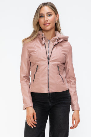Snobbish Faux Leather Zip Up Drawstring Hooded Jacket - Teresa's Fashionista LLC