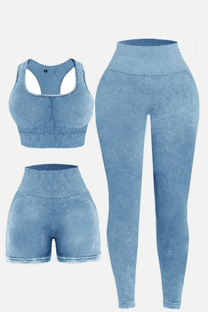 3 Piece Washed Square Neck Wide Strap Active Set-Teresa's Fashionista LLC