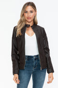 Snobbish Faux Leather Biker Jacket with Side Zip Pockets - Teresa's Fashionista LLC
