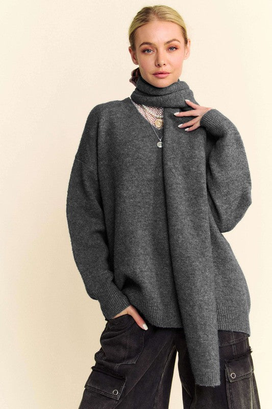 Davi & Dani V-Neck Dropped Shoulder Sweater with Scarf Set - Teresa's Fashionista LLC
