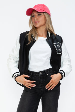Love Me Now PU Leather Contrast Snap Down Bomber Jacket - Teresa's Fashionista LLC