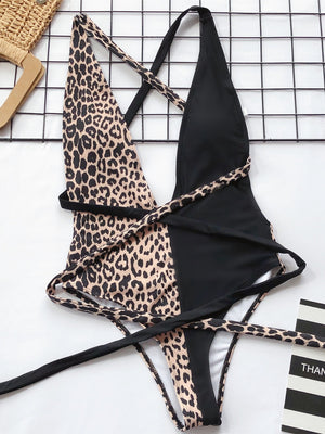 Tied Leopard Plunge One-Piece Swimwear-Teresa's Fashionista LLC