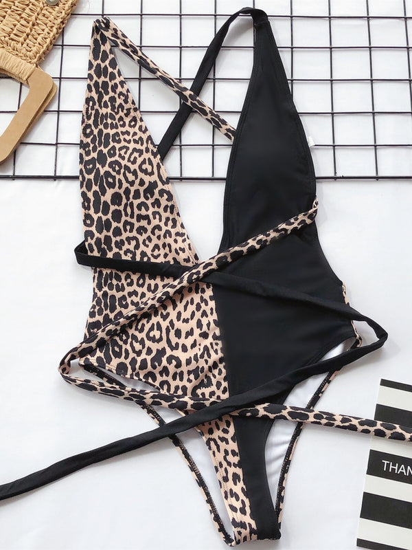 Tied Leopard Plunge One-Piece Swimwear-Teresa's Fashionista LLC