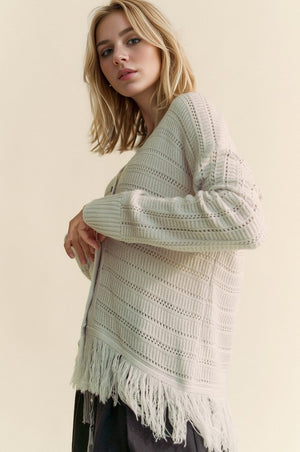 Davi & Dani Fringe V-Neck Button Up Long Sleeve Cardigan - Teresa's Fashionista LLC