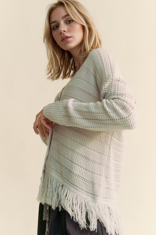 Davi & Dani Fringe V-Neck Button Up Long Sleeve Cardigan - Teresa's Fashionista LLC