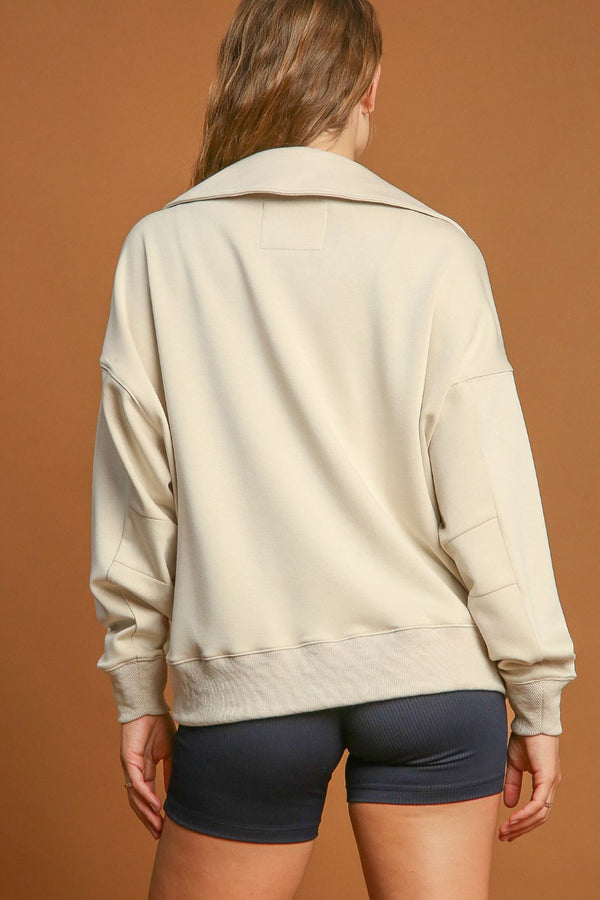 Umgee Johnny Collar Dropped Shoulder Sweatshirt - Teresa's Fashionista LLC