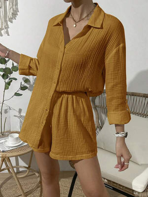 Dropped Shoulder Button Up Top and Elastic Waist Shorts Set-Teresa's Fashionista LLC