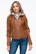 YMI Faux Layered Double-Zipper Jacket with Fuzzy Hood - Teresa's Fashionista LLC