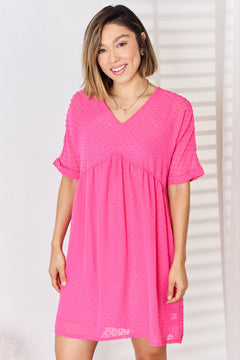 Zenana Swiss Dot Rolled Short Sleeve Babydoll Dress-Teresa's Fashionista LLC