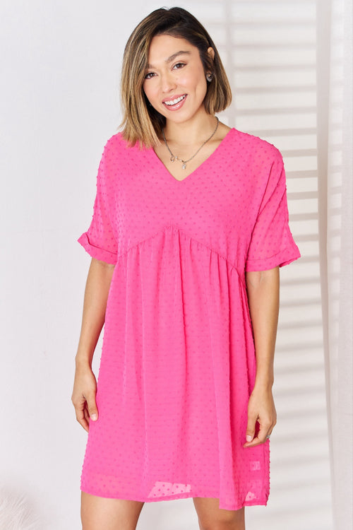 Zenana Swiss Dot Rolled Short Sleeve Babydoll Dress-Teresa's Fashionista LLC