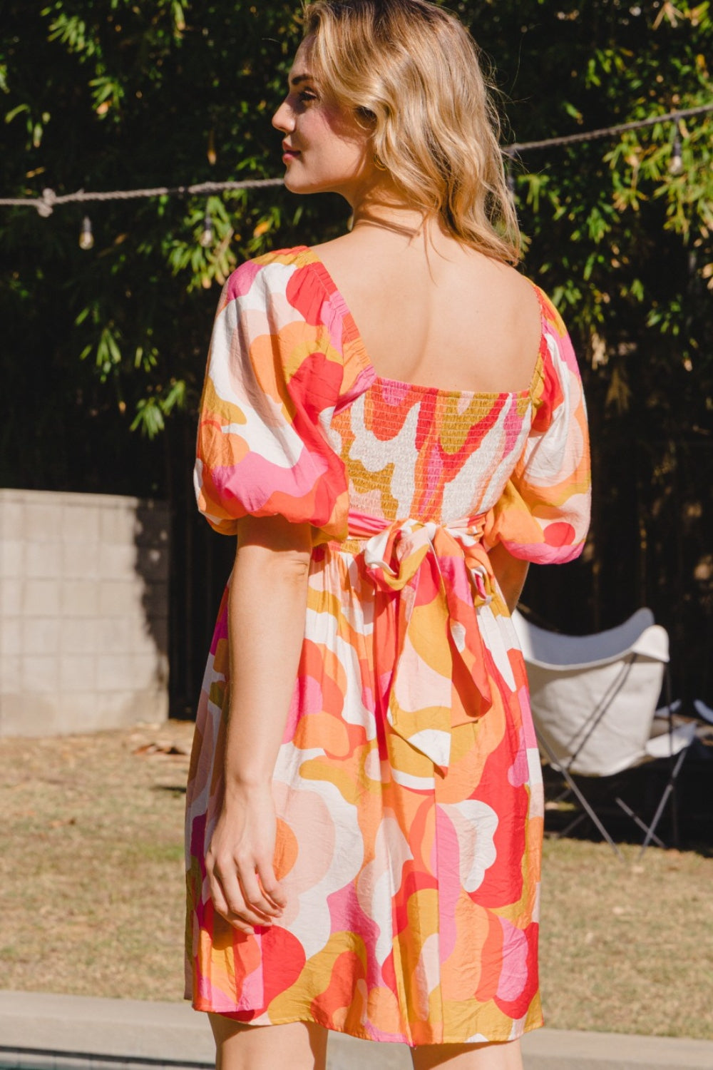 ODDI Full Size Printed Tied Back Short Sleeve Mini Dress-Teresa&#39;s Fashionista LLC